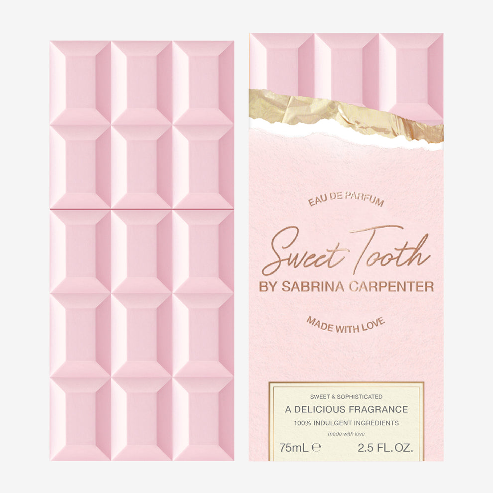 Pink chocolate bar with packaging labeled 'Sweet Tooth by Sabrina Carpenter' on a white background