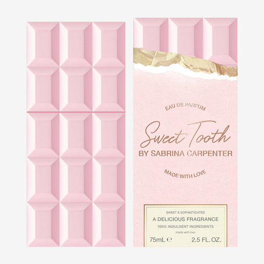 Pink chocolate bar with packaging labeled 'Sweet Tooth by Sabrina Carpenter' on a white background